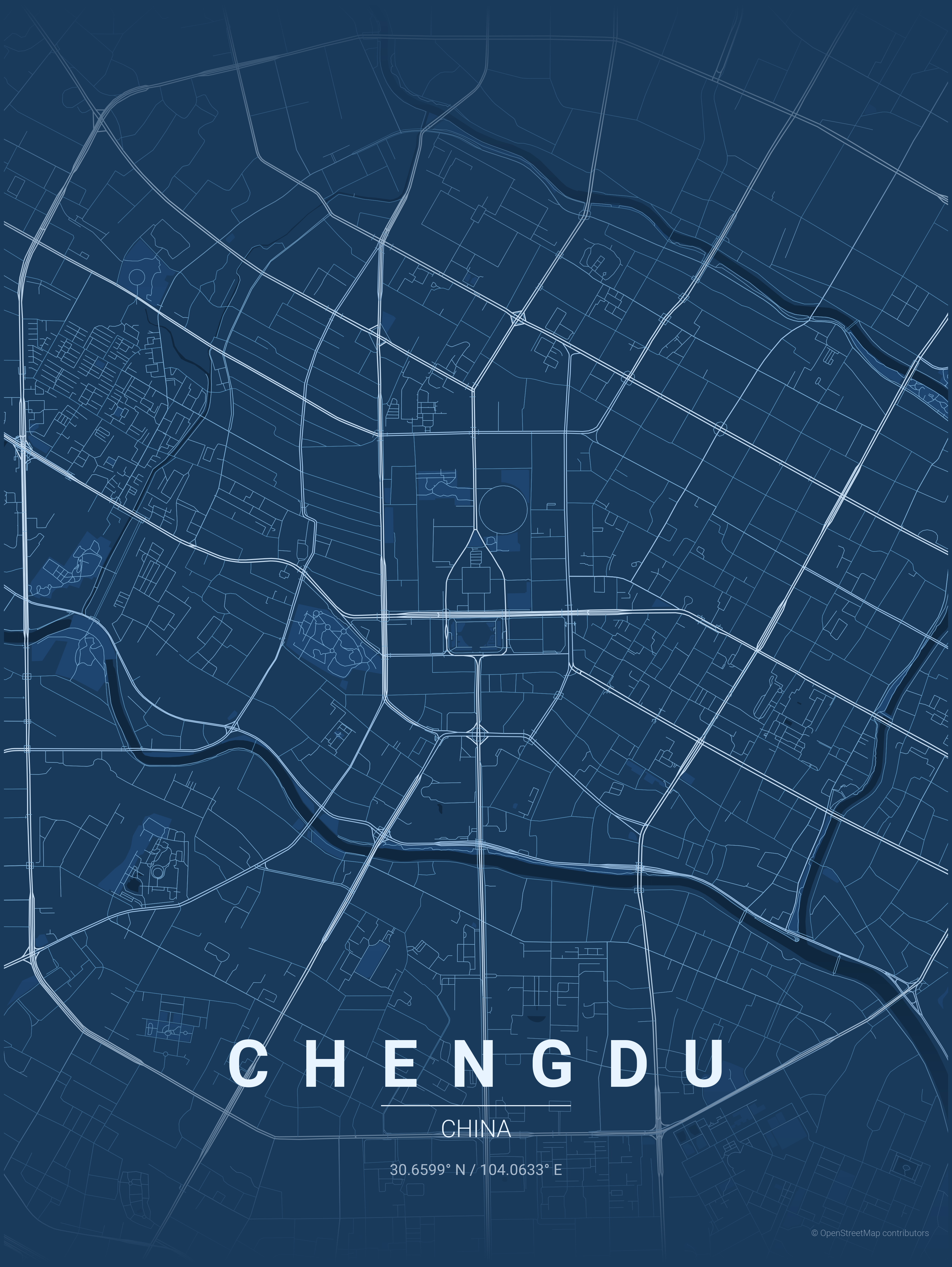 The same Chengdu street map in the blueprint palette