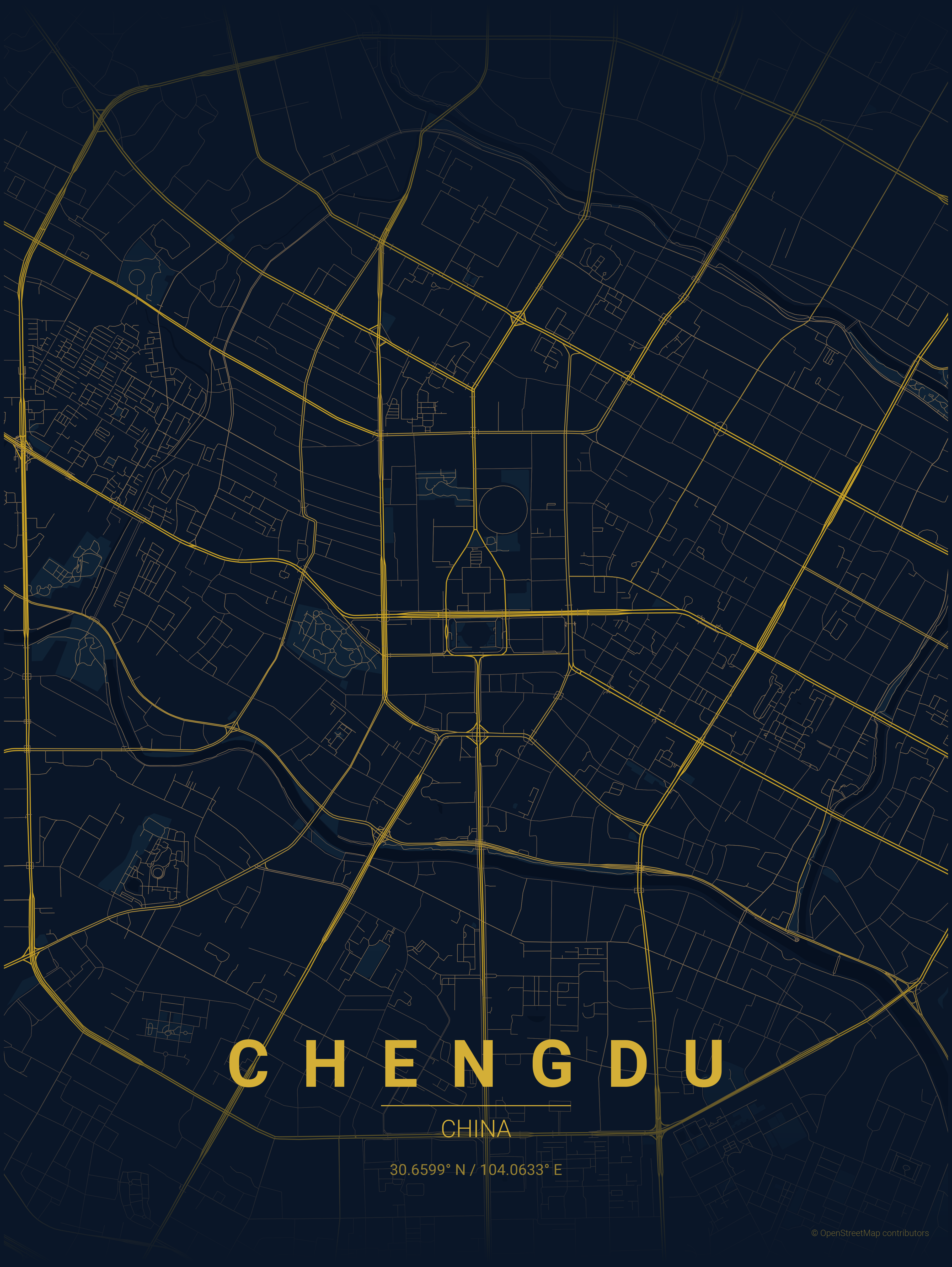 Chengdu street-map poster in the midnight_blue palette